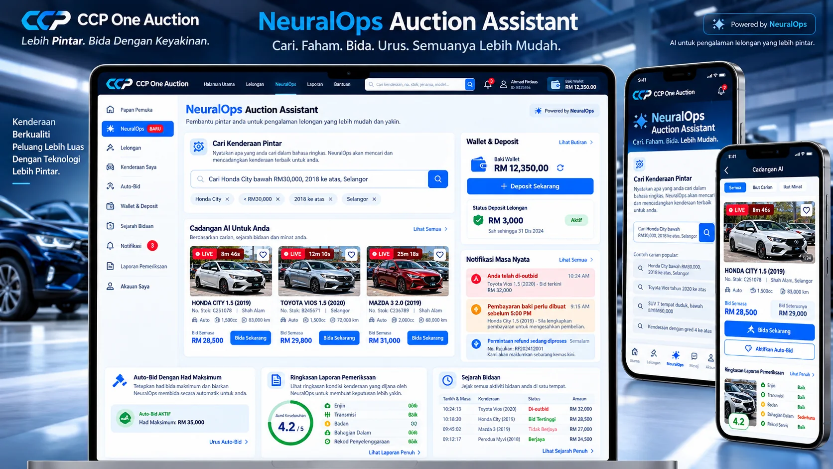 Dashboard desktop dan aplikasi mudah alih NeuralOps Auction Assistant untuk pembida