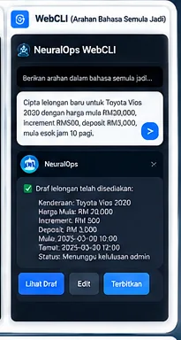 Mockup WebCLI NeuralOps dengan arahan bahasa biasa dan draf tugasan