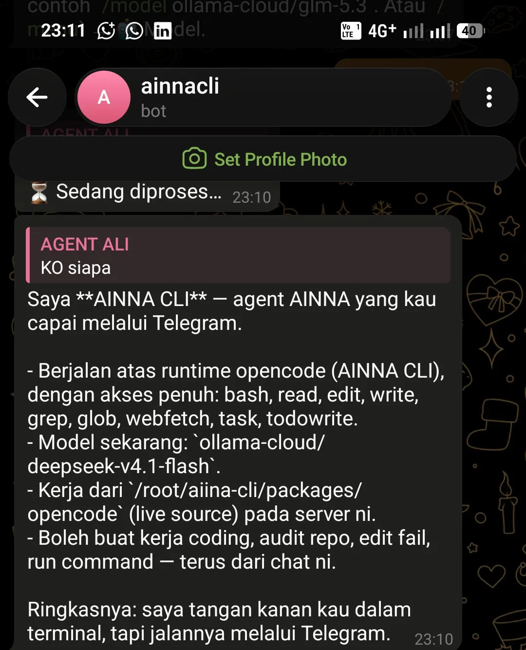 AINNA Agent AI kini boleh menerima dan melaksanakan arahan secara langsung melalui Telegram.