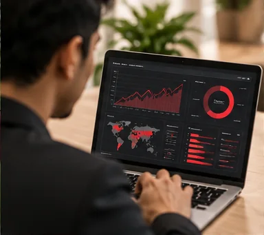 Business owner reviewing a digital analytics dashboard