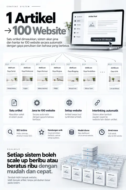 Publishing system infographic: one article distributed across one hundred websites